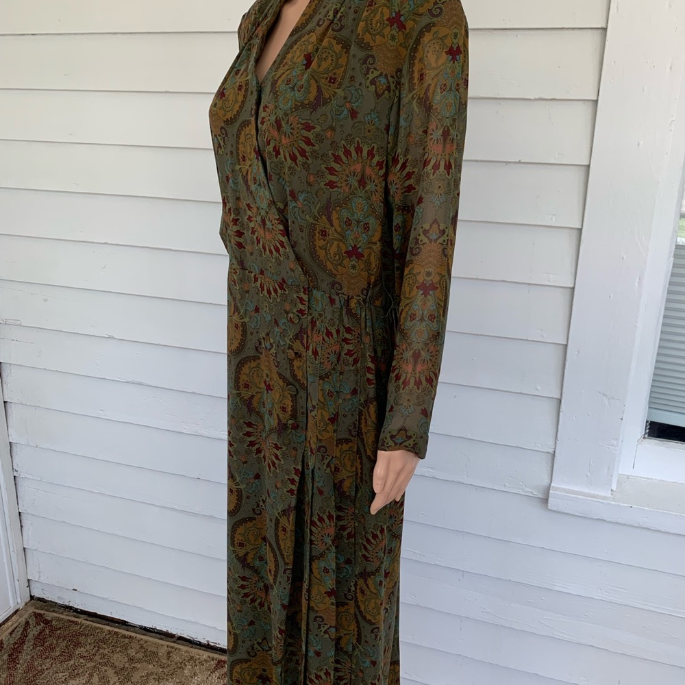 Vintage 80s Olive Green Silk Print Dress 10 Long Sleeve - Picture 9 of 12
